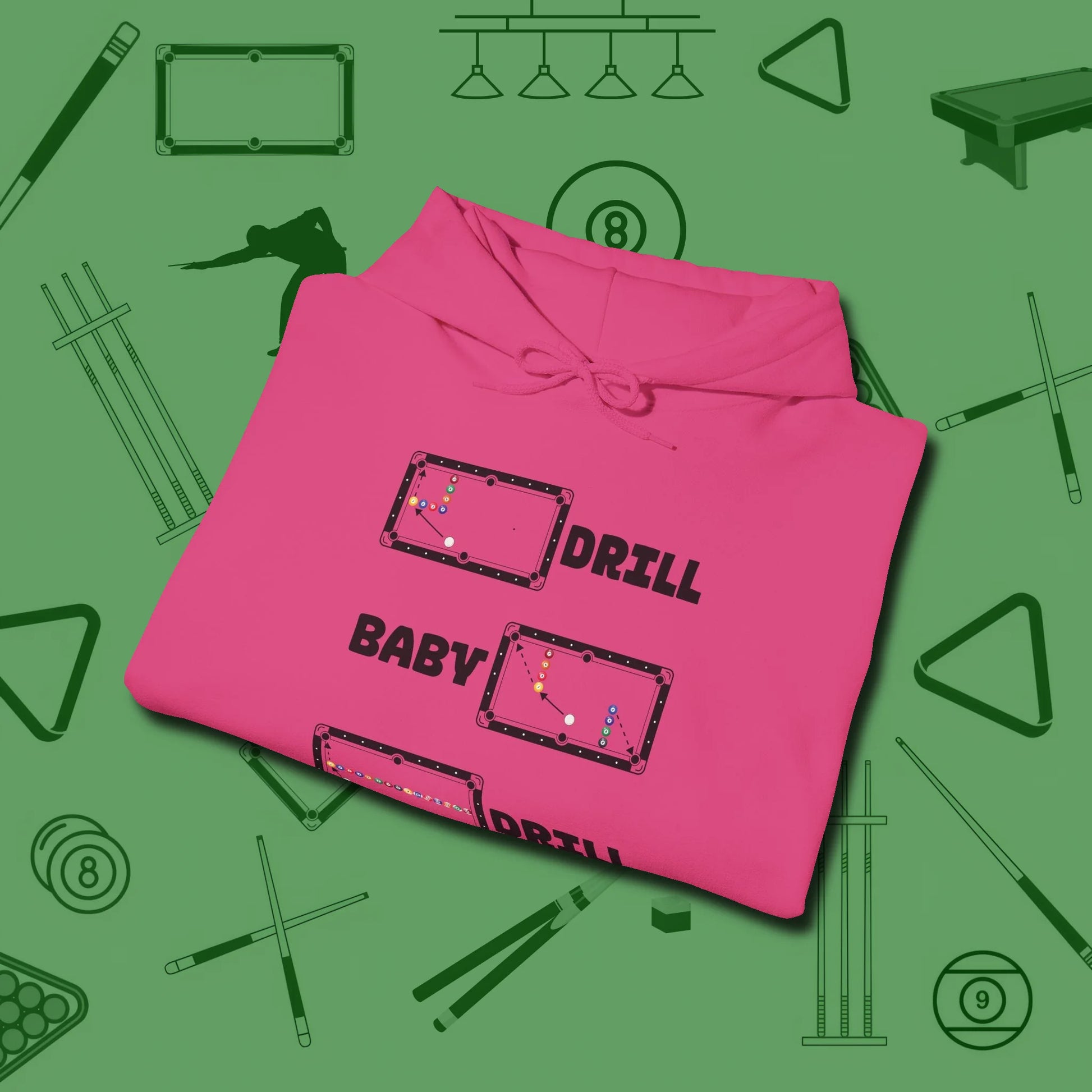 Drill Baby Drill Hoodie, folded view, in Heliconia for players who live the game
