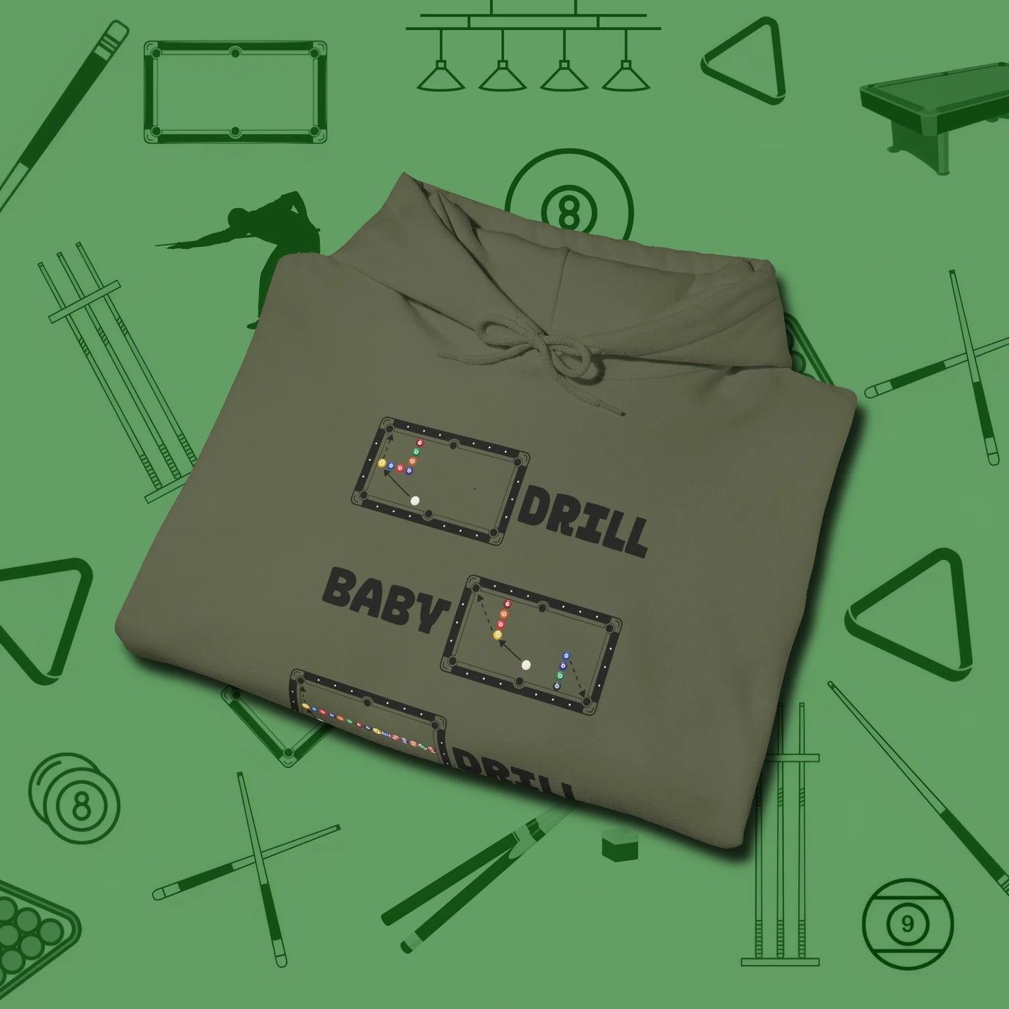 Drill Baby Drill Hoodie, folded view, in Military Green clean lines for dirty minds