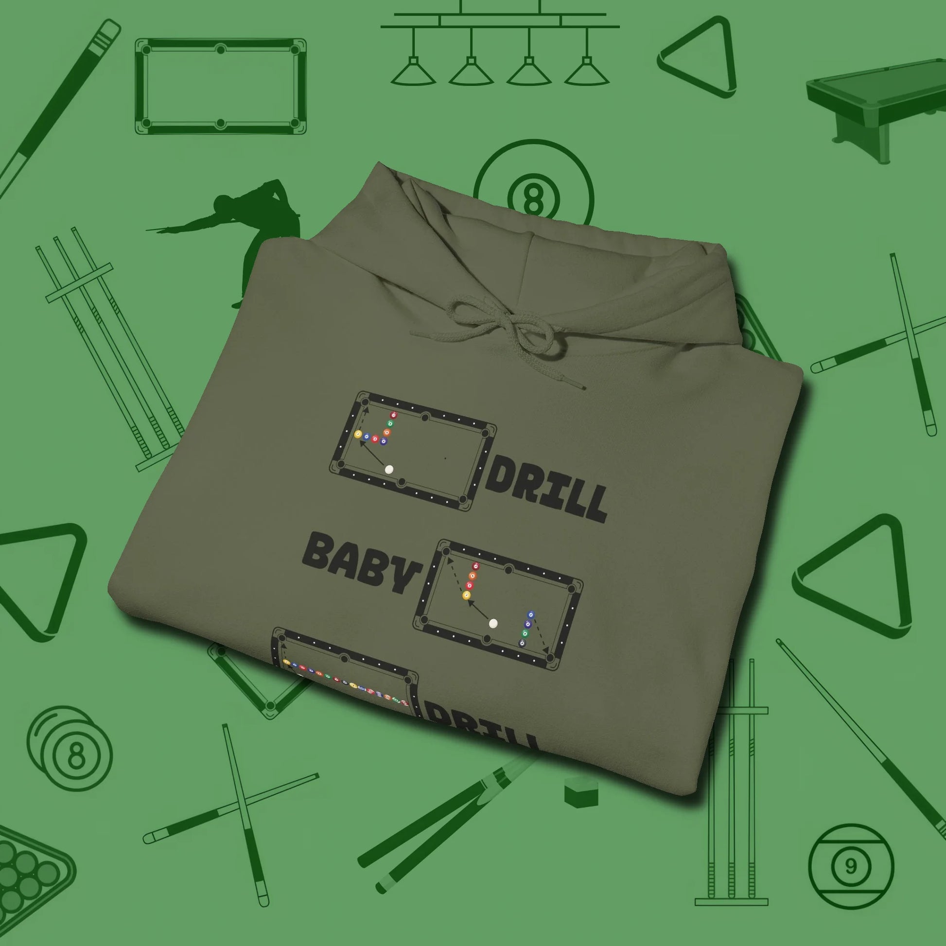 Drill Baby Drill Hoodie, folded view, in Military Green clean lines for dirty minds