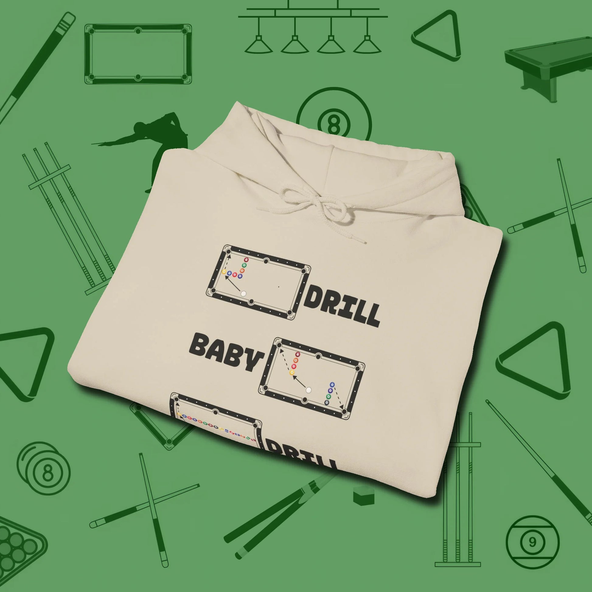 Drill Baby Drill Hoodie, folded view, in Sand where cue control meets personal style