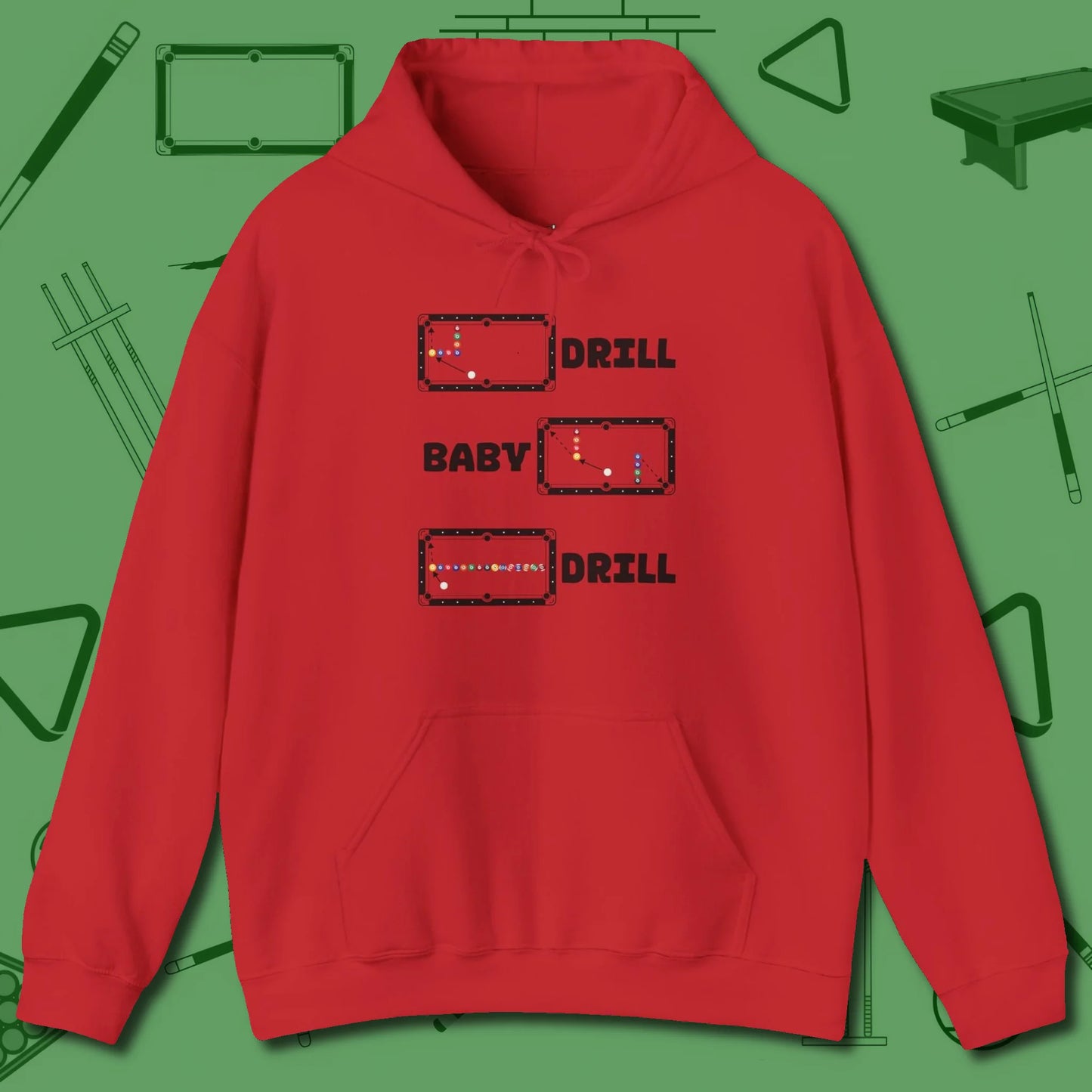 Drill Baby Drill Hoodie, front view, in Red earns respect before the first shot