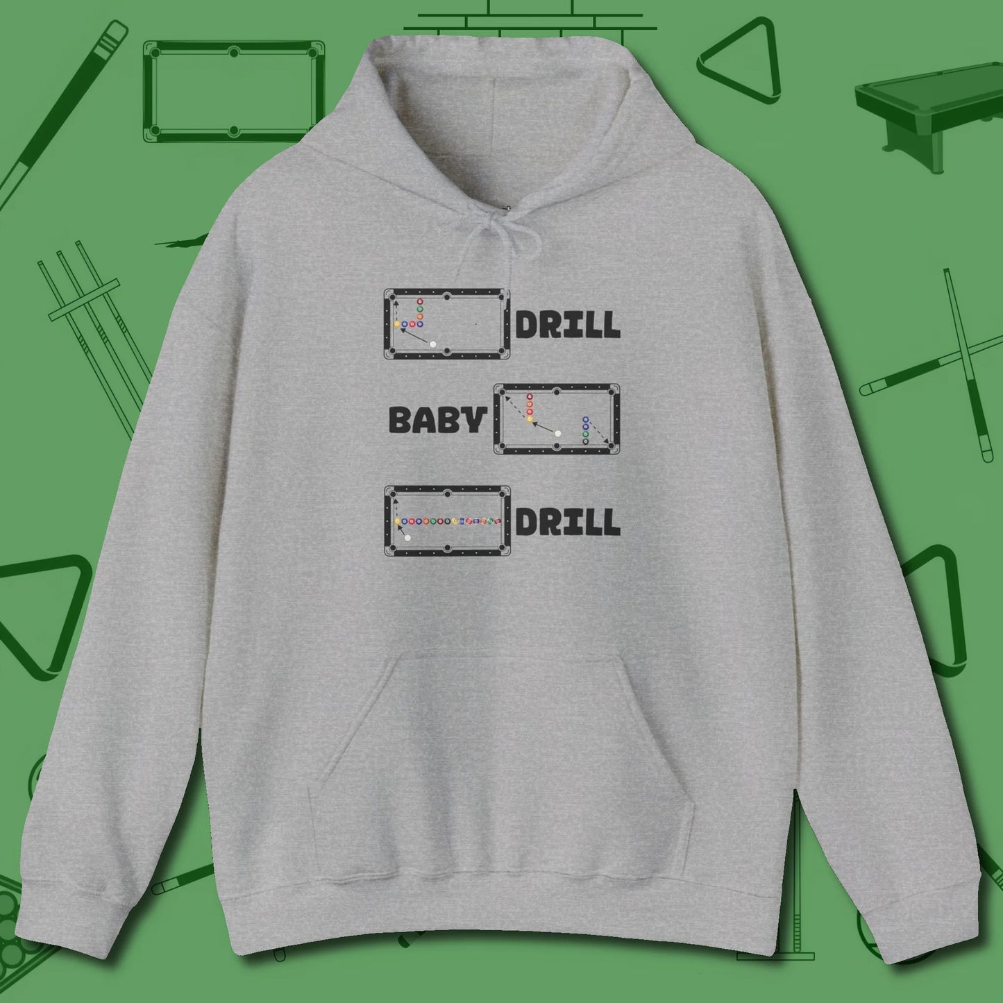 Drill Baby Drill Hoodie, front view, in Sport Grey look good while calling your pocket