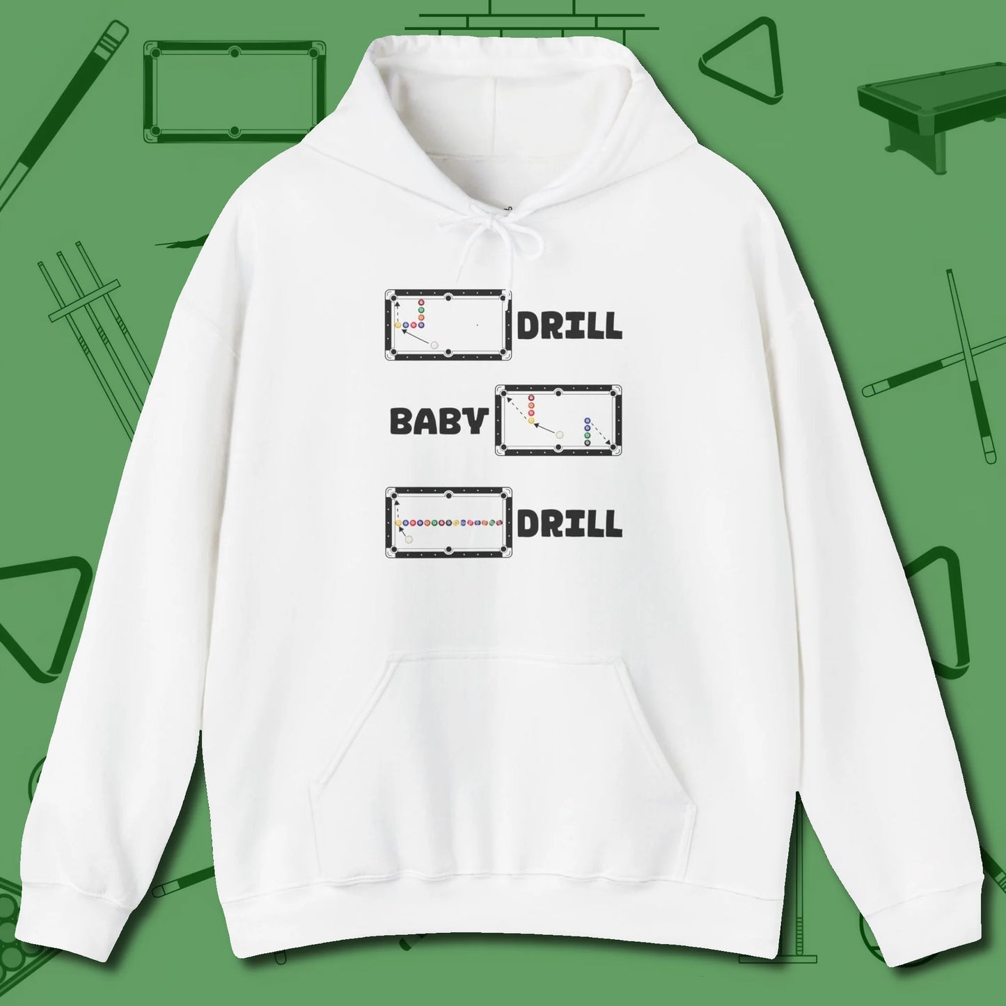 Drill Baby Drill Hoodie, front view, in White look good while calling your pocket