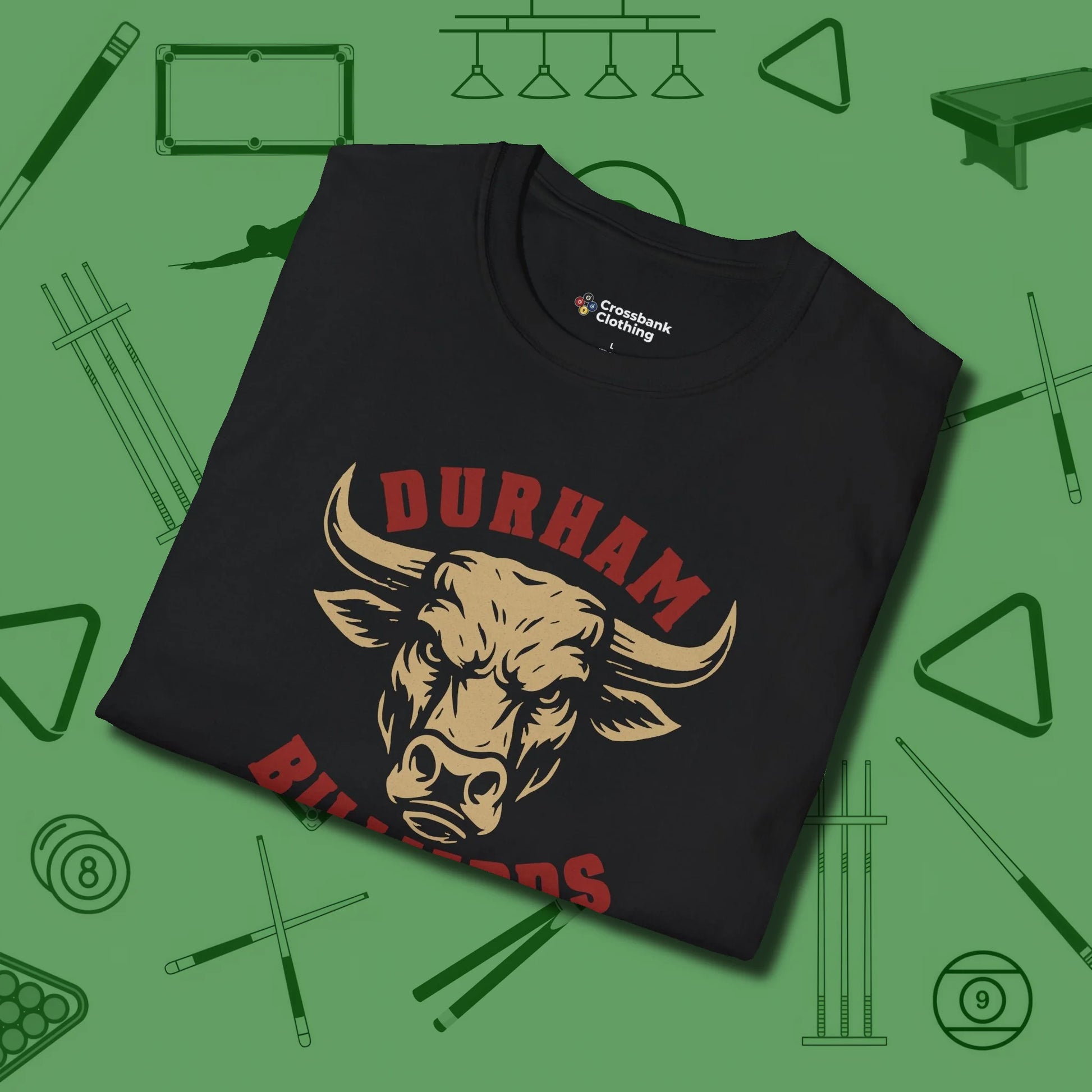 Durham Billiards Bull Head T-Shirt, folded view, in Black as serious as your stroke