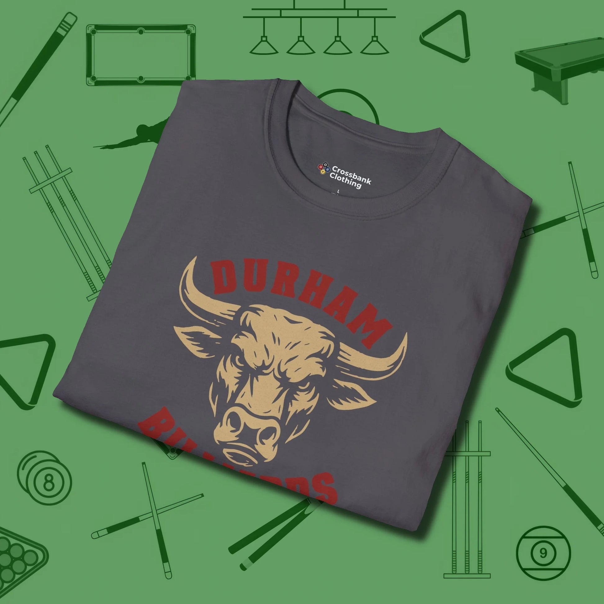 Durham Billiards Bull Head T-Shirt, folded view, in Charcoal look good while calling your pocket