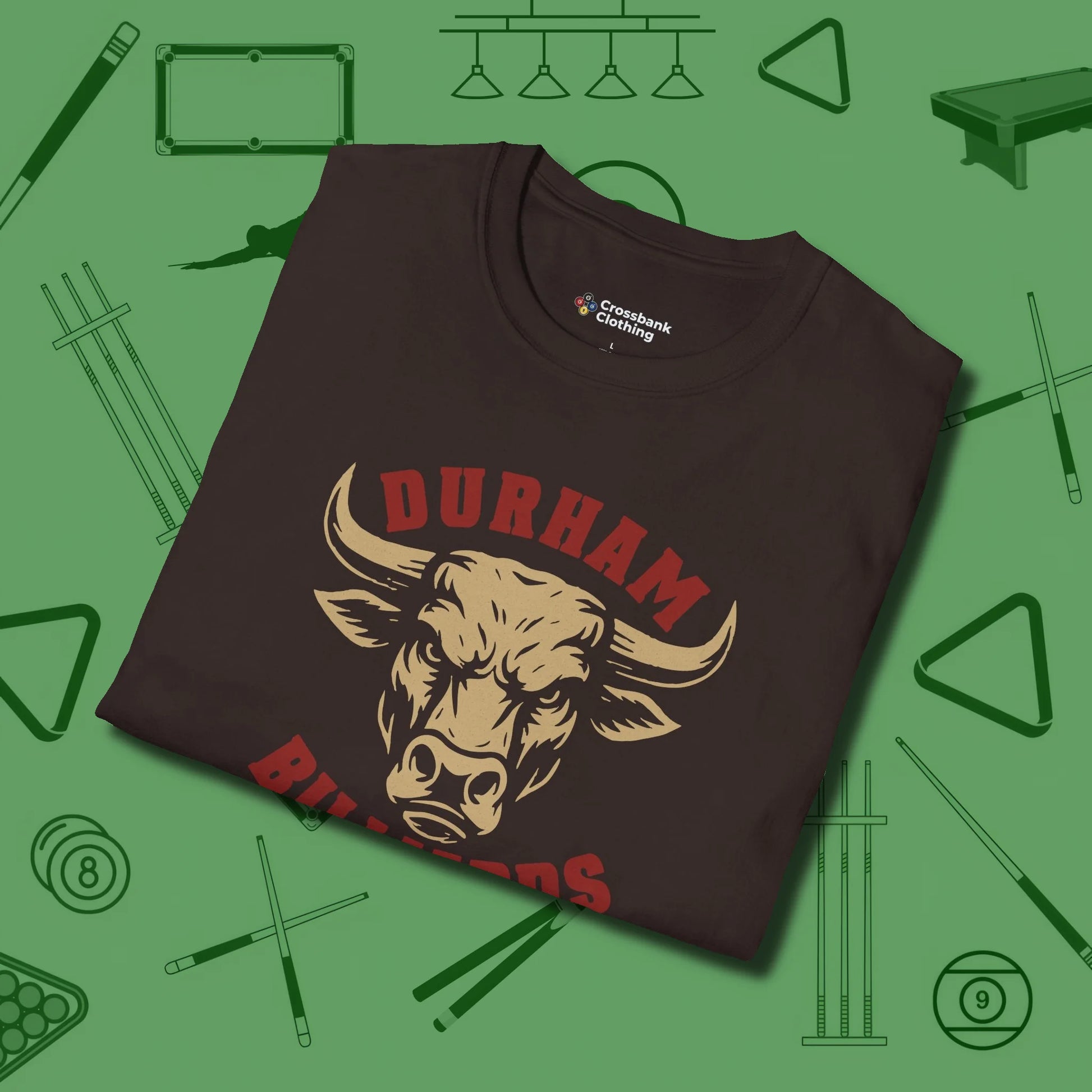 Durham Billiards Bull Head T-Shirt, folded view, in Dark Chocolate look good while calling your pocket