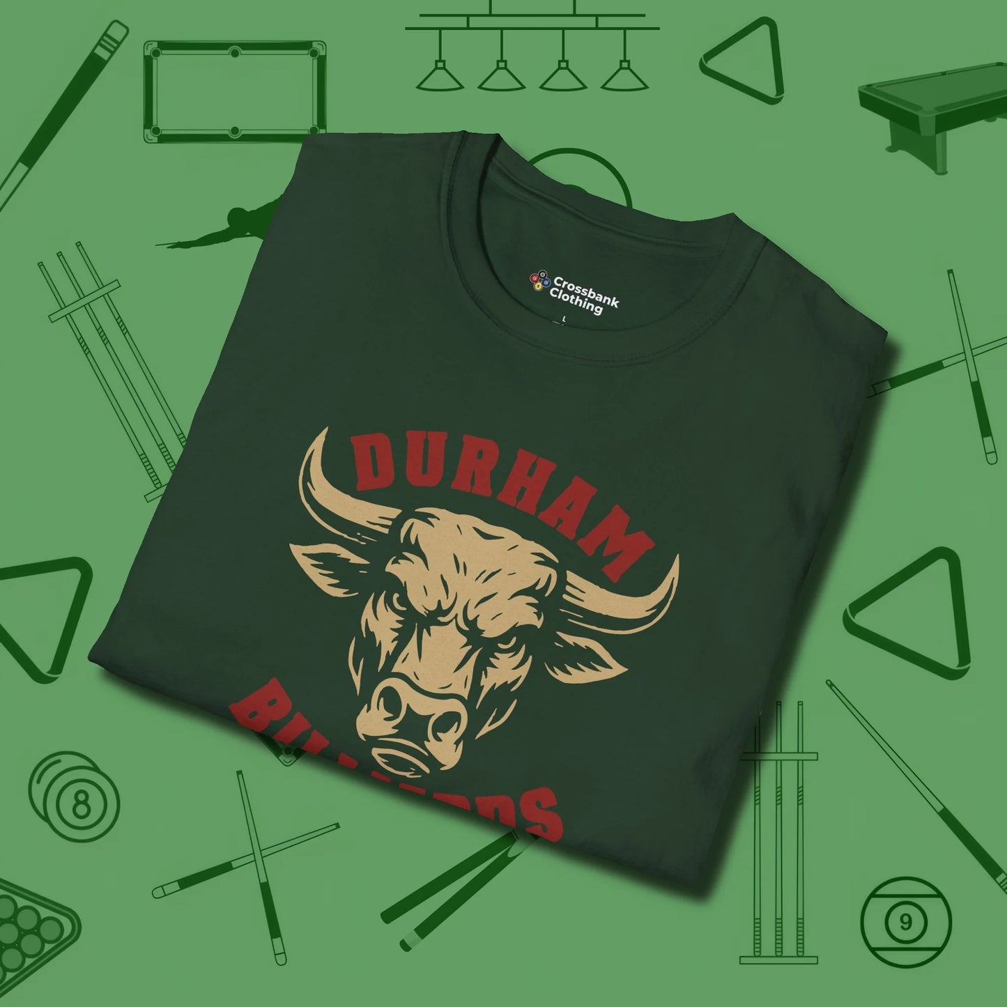 Durham Billiards Bull Head T-Shirt, folded view, in Forest Green dress for the shot you want to take