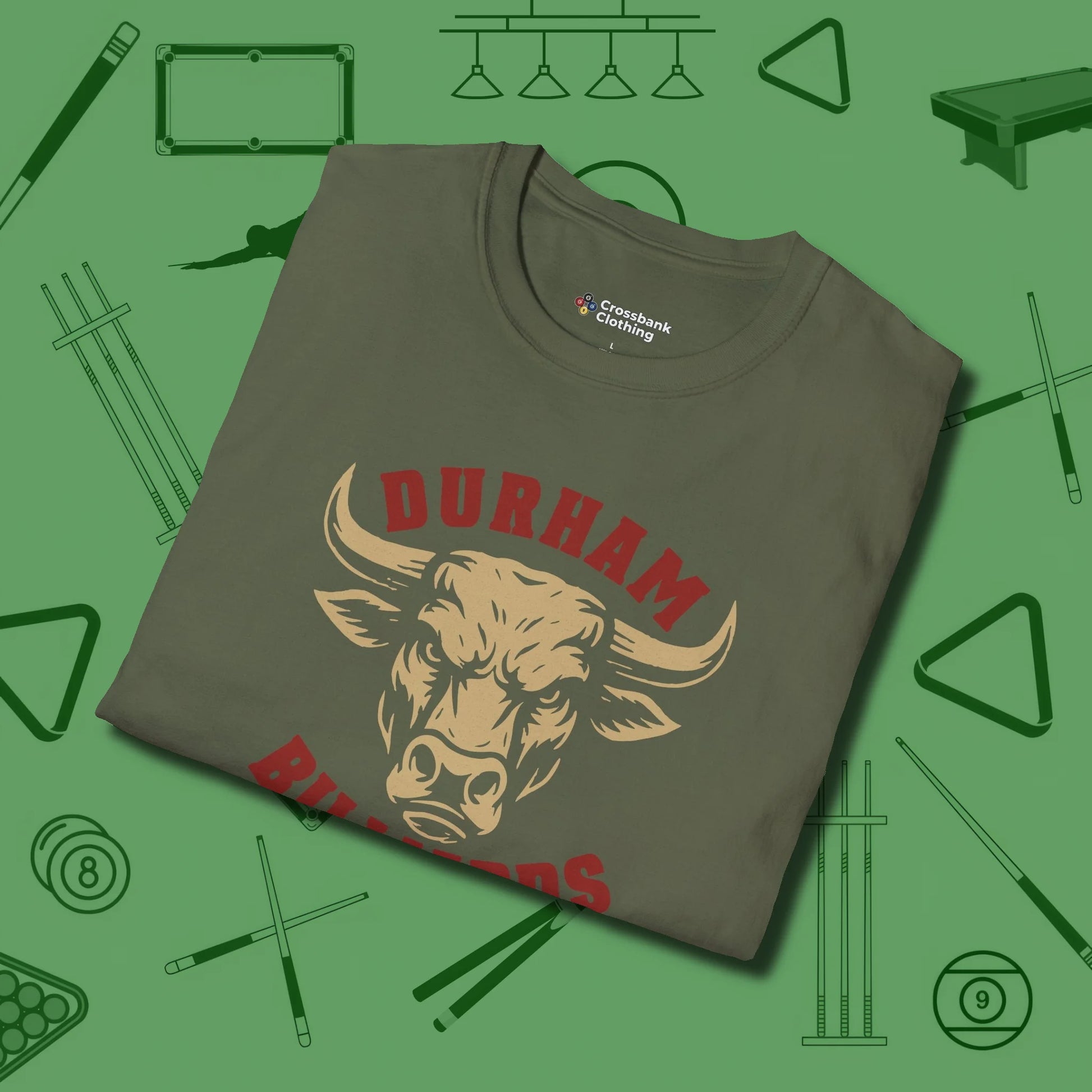 Durham Billiards Bull Head T-Shirt, folded view, in Military Green not your average 8-ball graphic tee