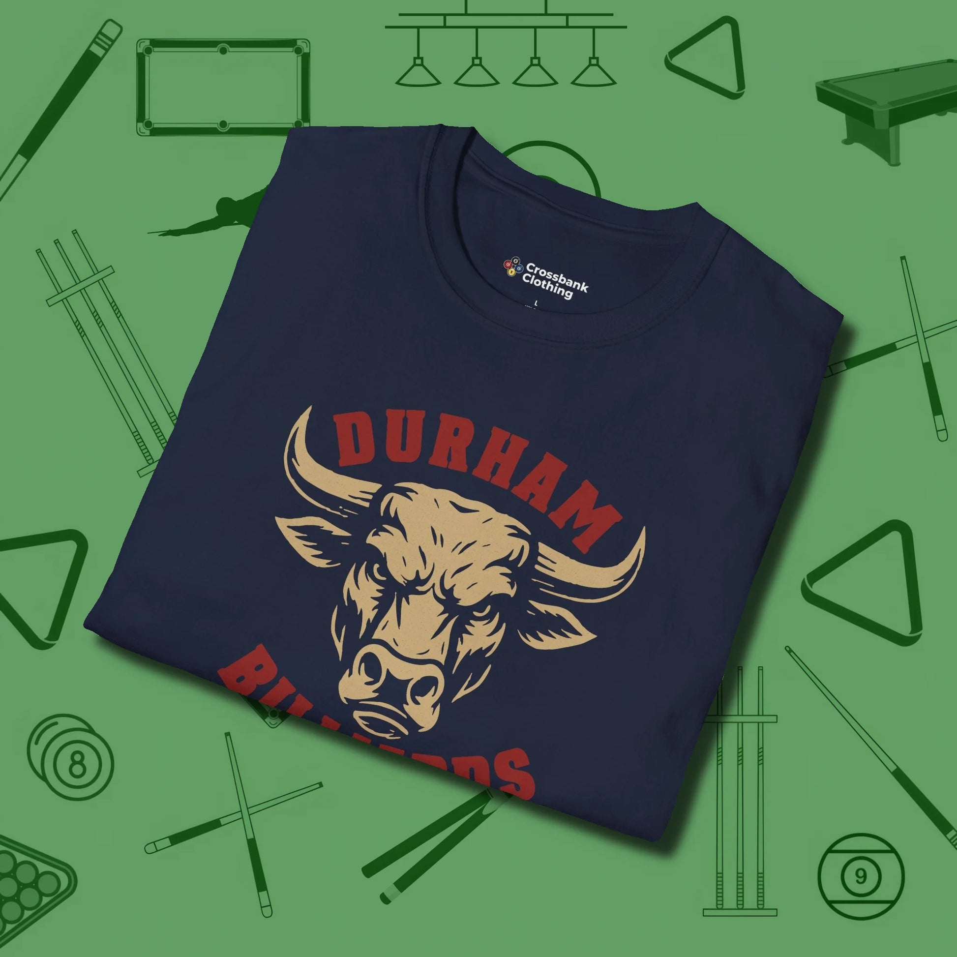 Durham Billiards Bull Head T-Shirt, folded view, in Navy put your best game on display