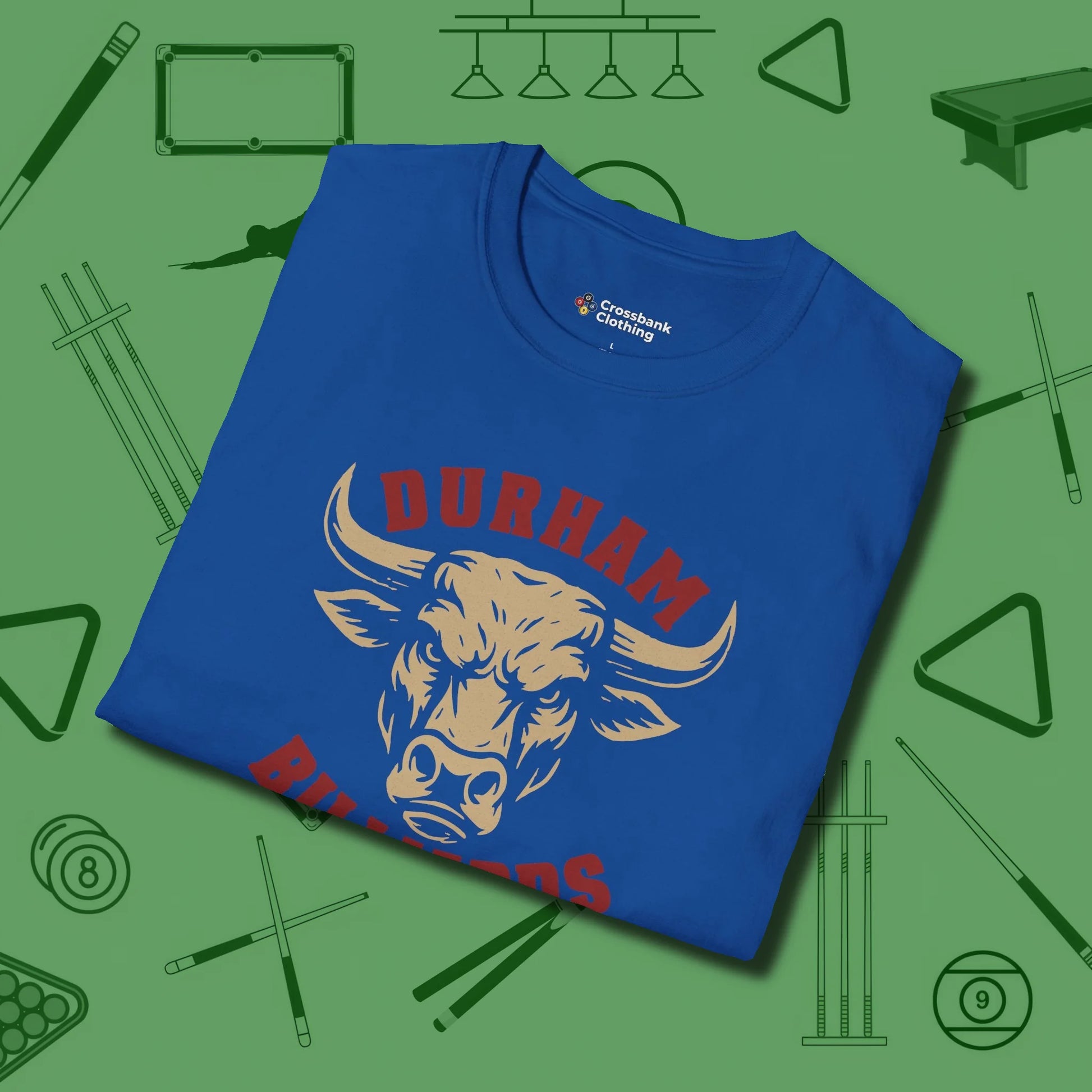 Durham Billiards Bull Head T-Shirt, folded view, in Royal cue sports swagger done right