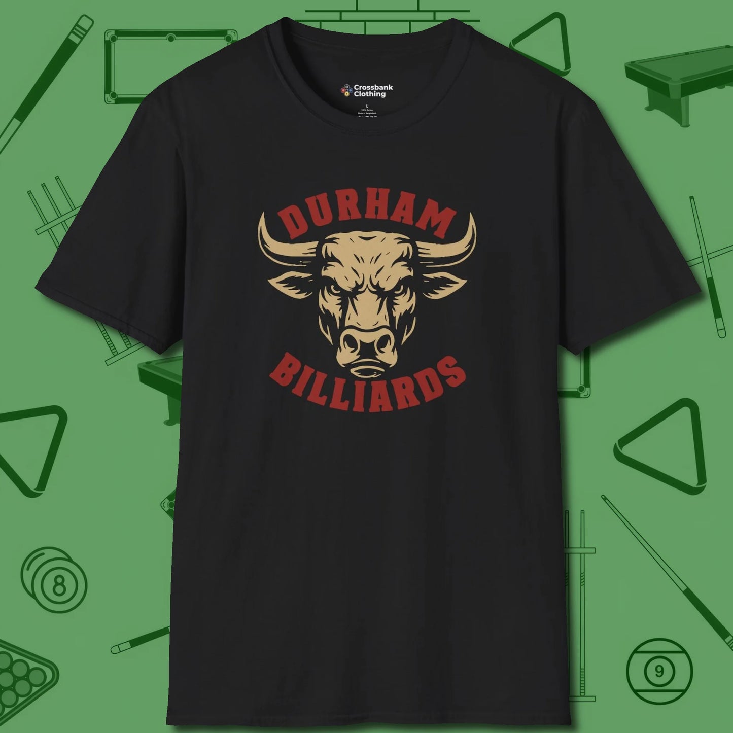 Durham Billiards Bull Head T-Shirt, front view, in Black your go-to shirt for league night victories