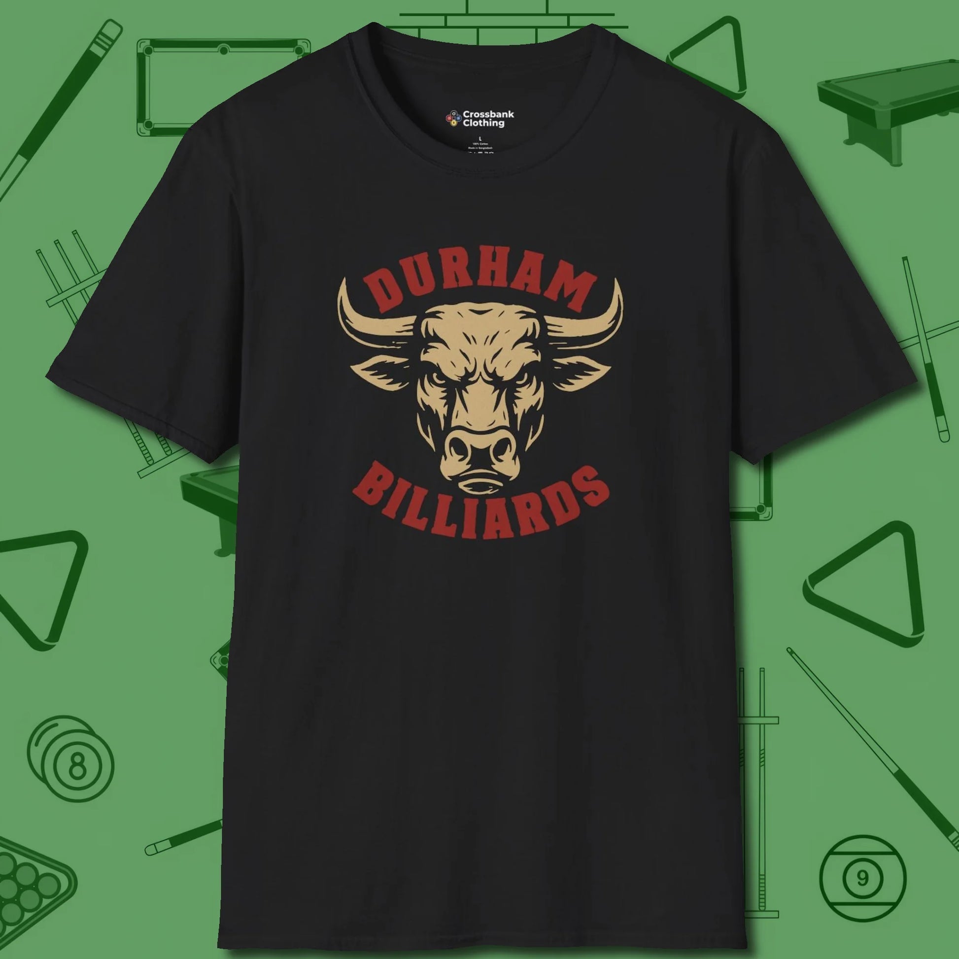 Durham Billiards Bull Head T-Shirt, front view, in Black your go-to shirt for league night victories