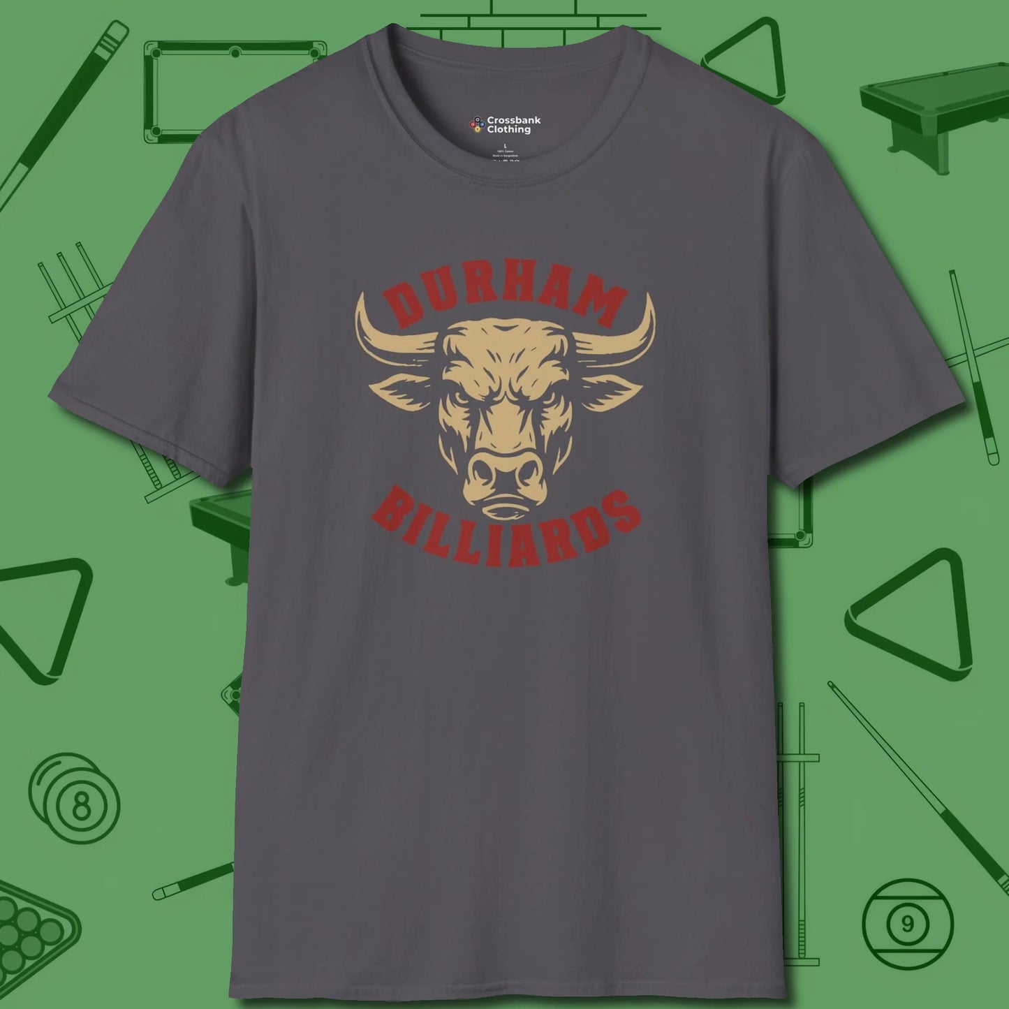 Durham Billiards Bull Head T-Shirt, front view, in Charcoal ideal for clean hits and clean fits
