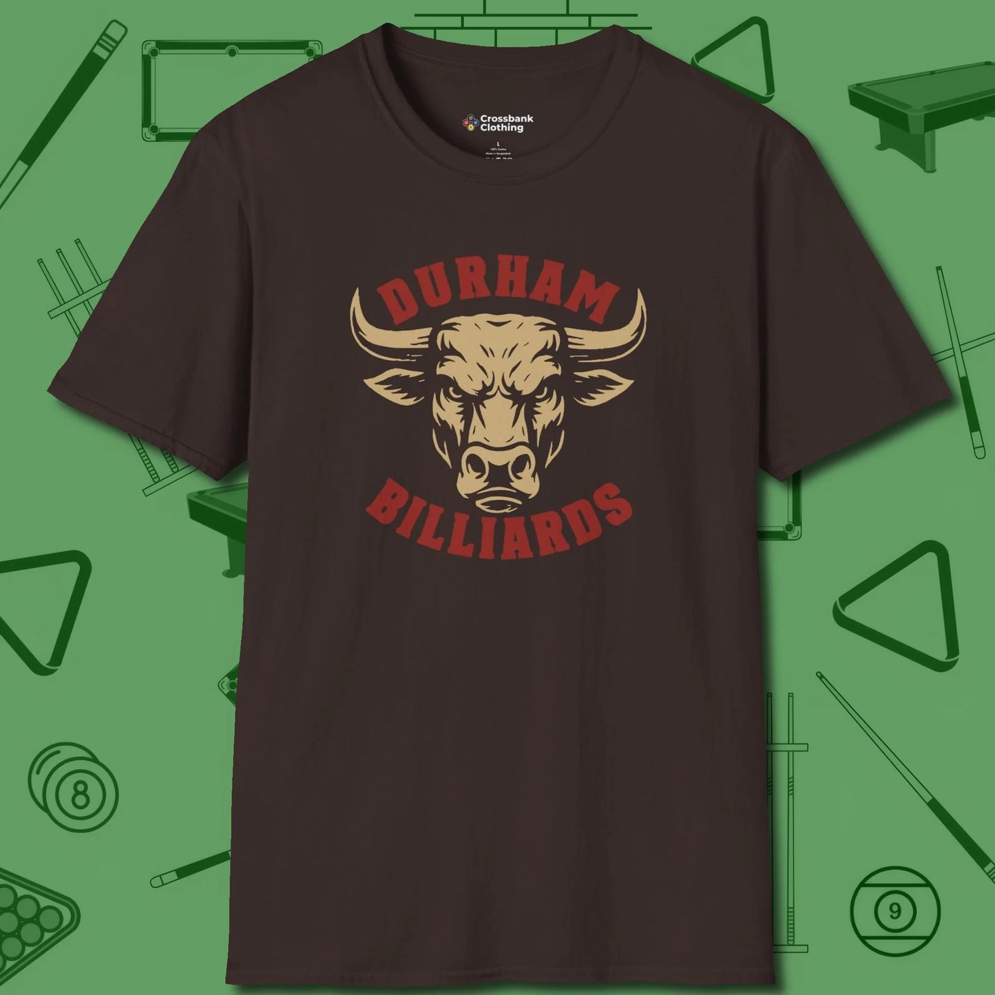 Durham Billiards Bull Head T-Shirt, front view, in Dark Chocolate because you don’t just play — you represent