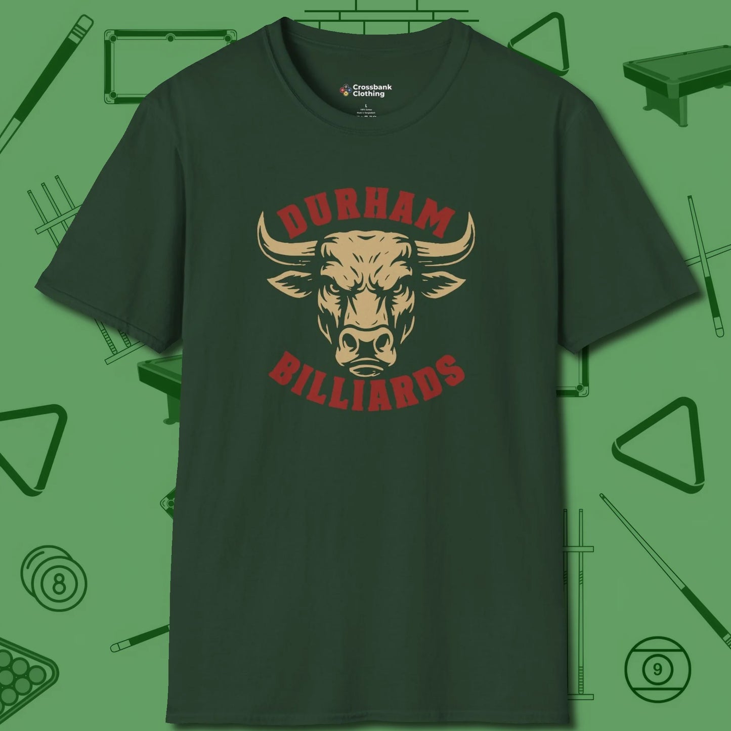 Durham Billiards Bull Head T-Shirt, front view, in Forest Green confidence stitched in every seam