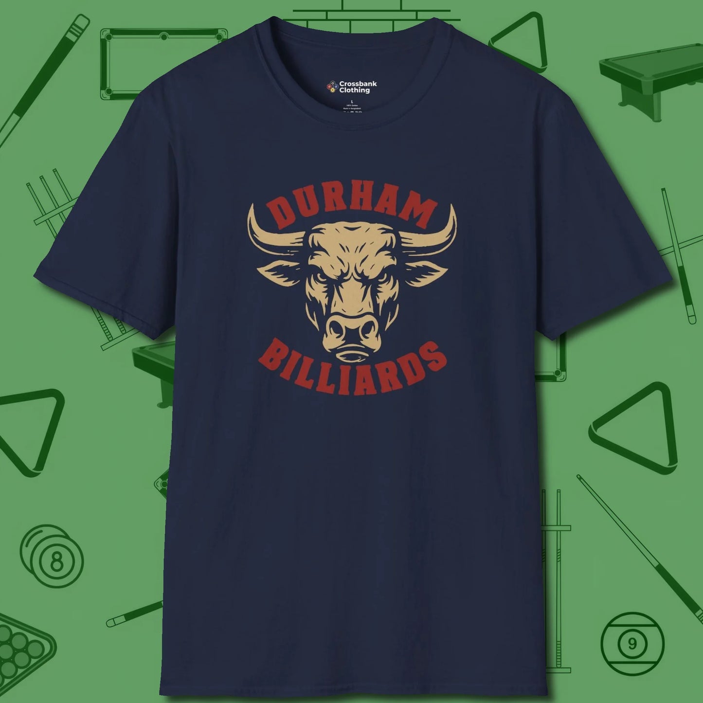 Durham Billiards Bull Head T-Shirt, front view, in Navy smart apparel for strategic players