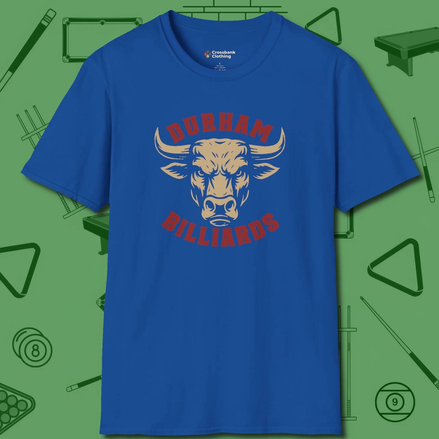 Durham Billiards Bull Head T-Shirt, front view, in Royal break, run out, turn heads — repeat