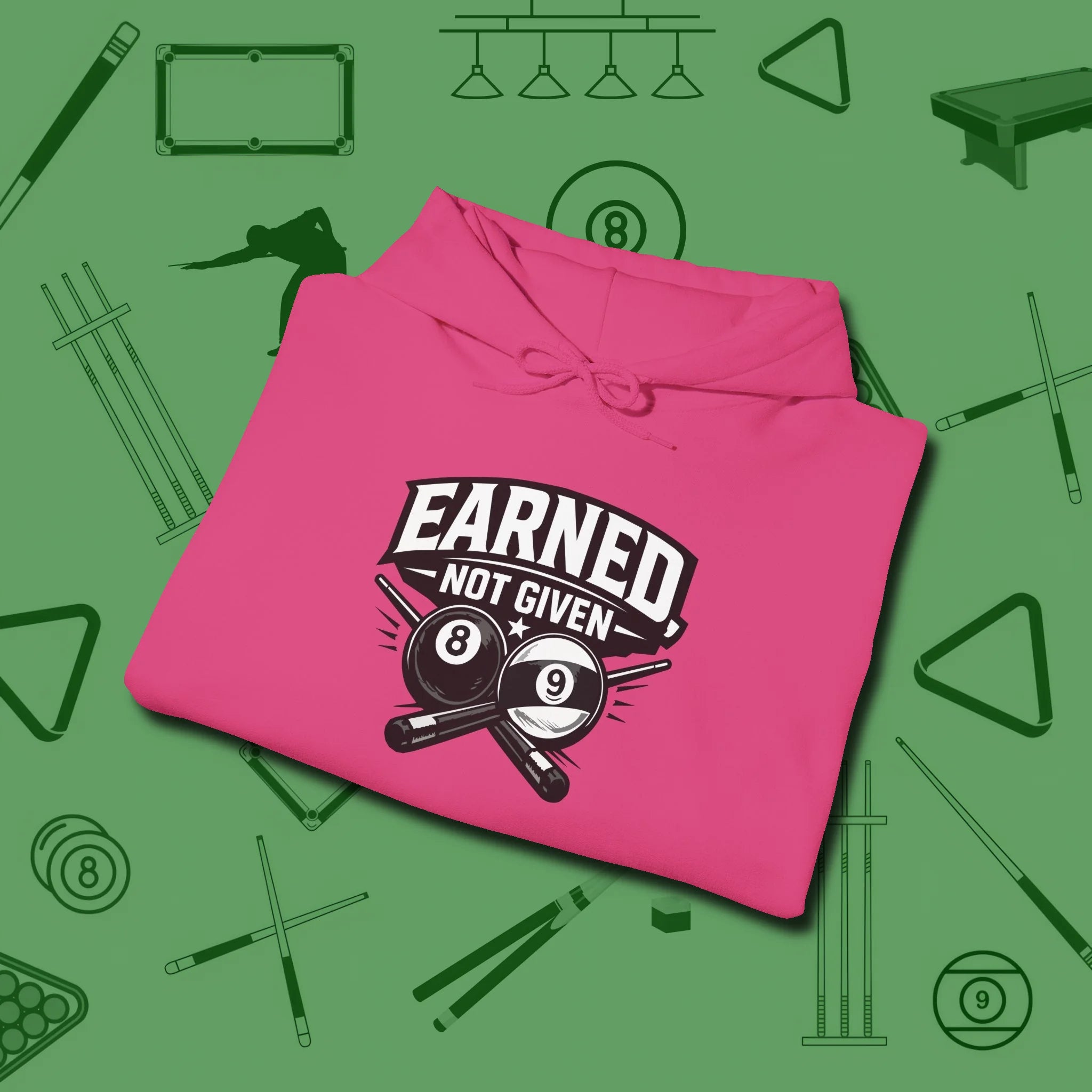 Earned Not Given Hoodie, folded view, in Heliconia clean lines for dirty minds
