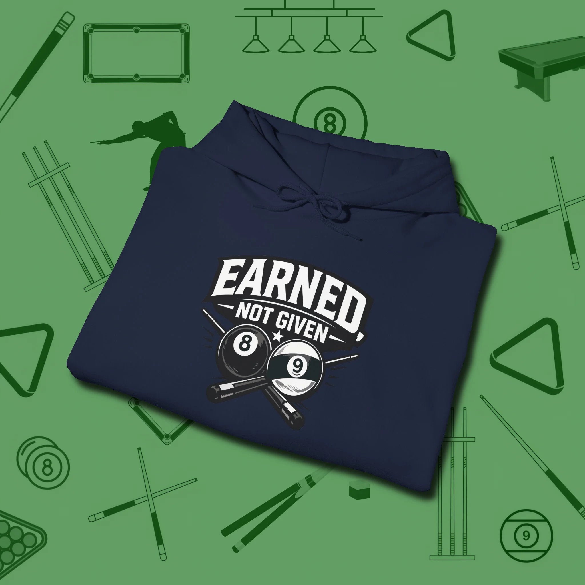 Earned Not Given Hoodie, folded view, in Navy tough like your favorite break cue