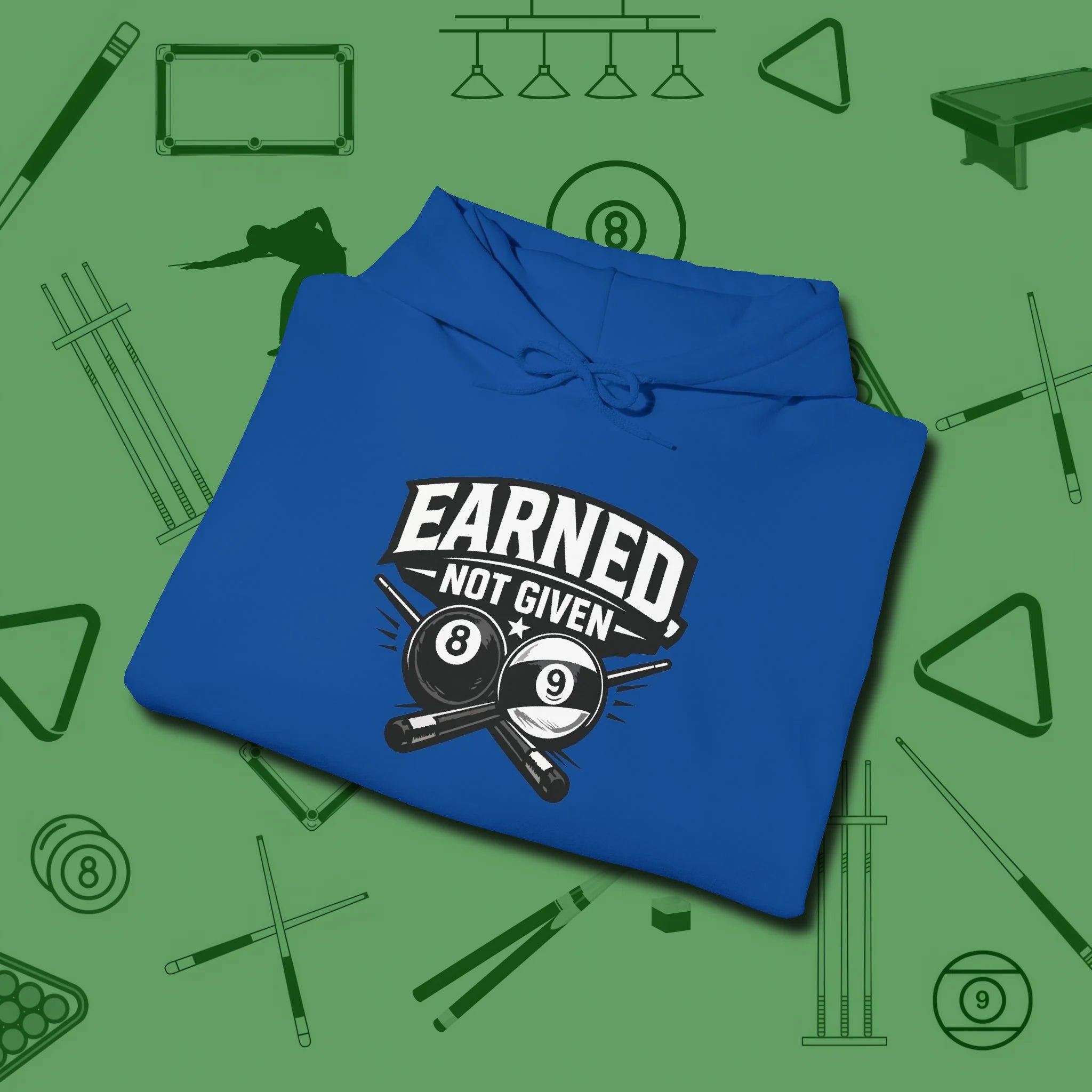 Earned Not Given Hoodie, folded view, in Royal break, run out, turn heads — repeat