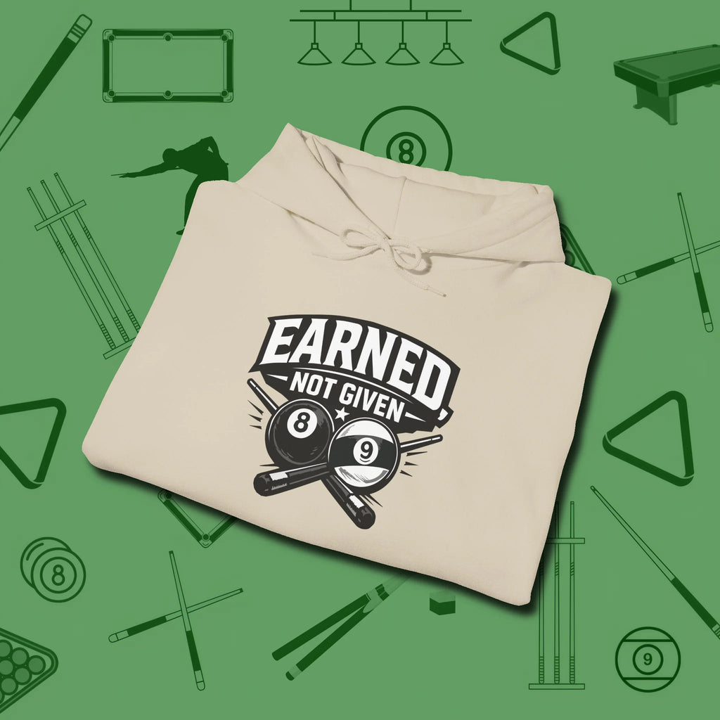 Earned Not Given Hoodie, folded view, in Sand cue sports swagger done right