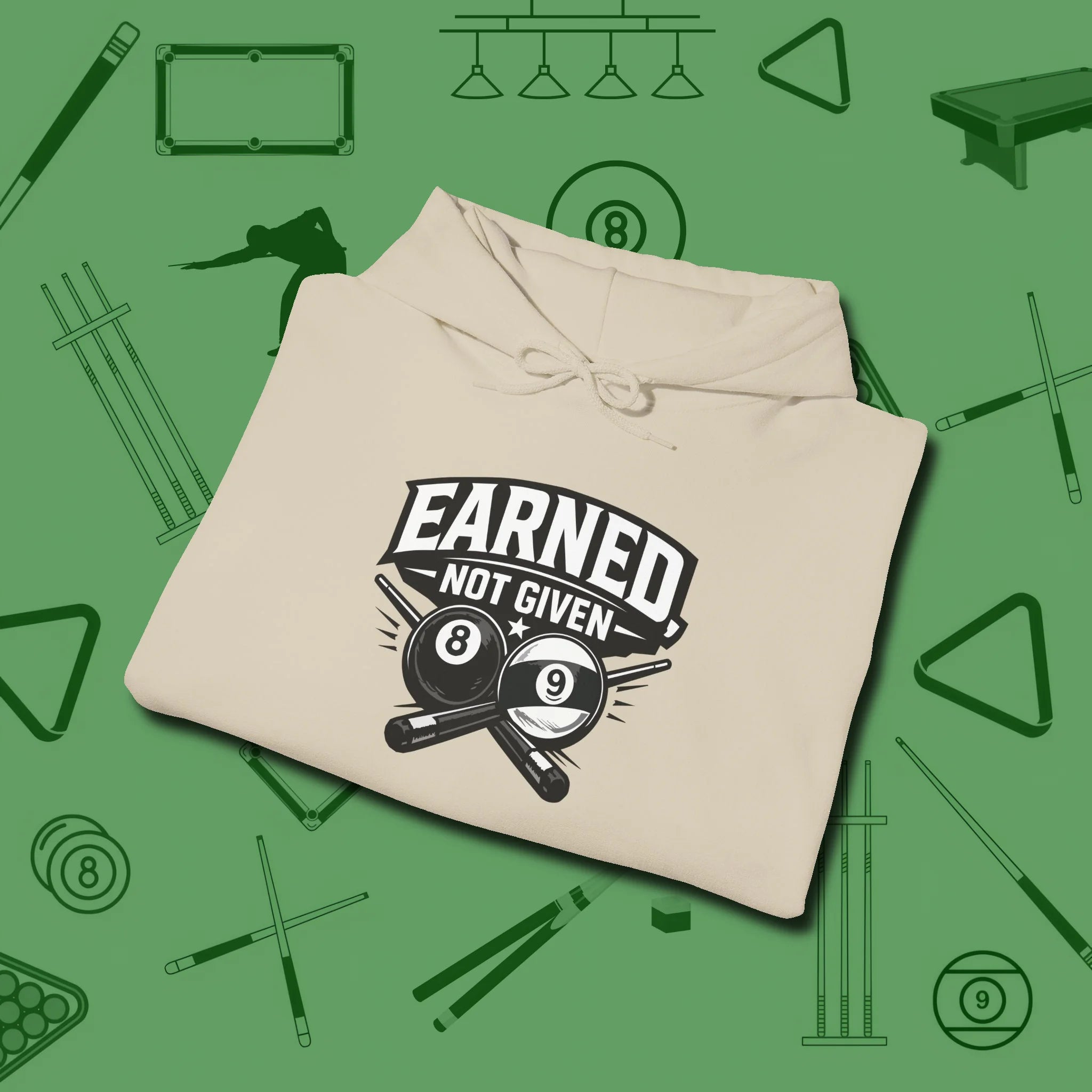 Earned Not Given Hoodie, folded view, in Sand cue sports swagger done right