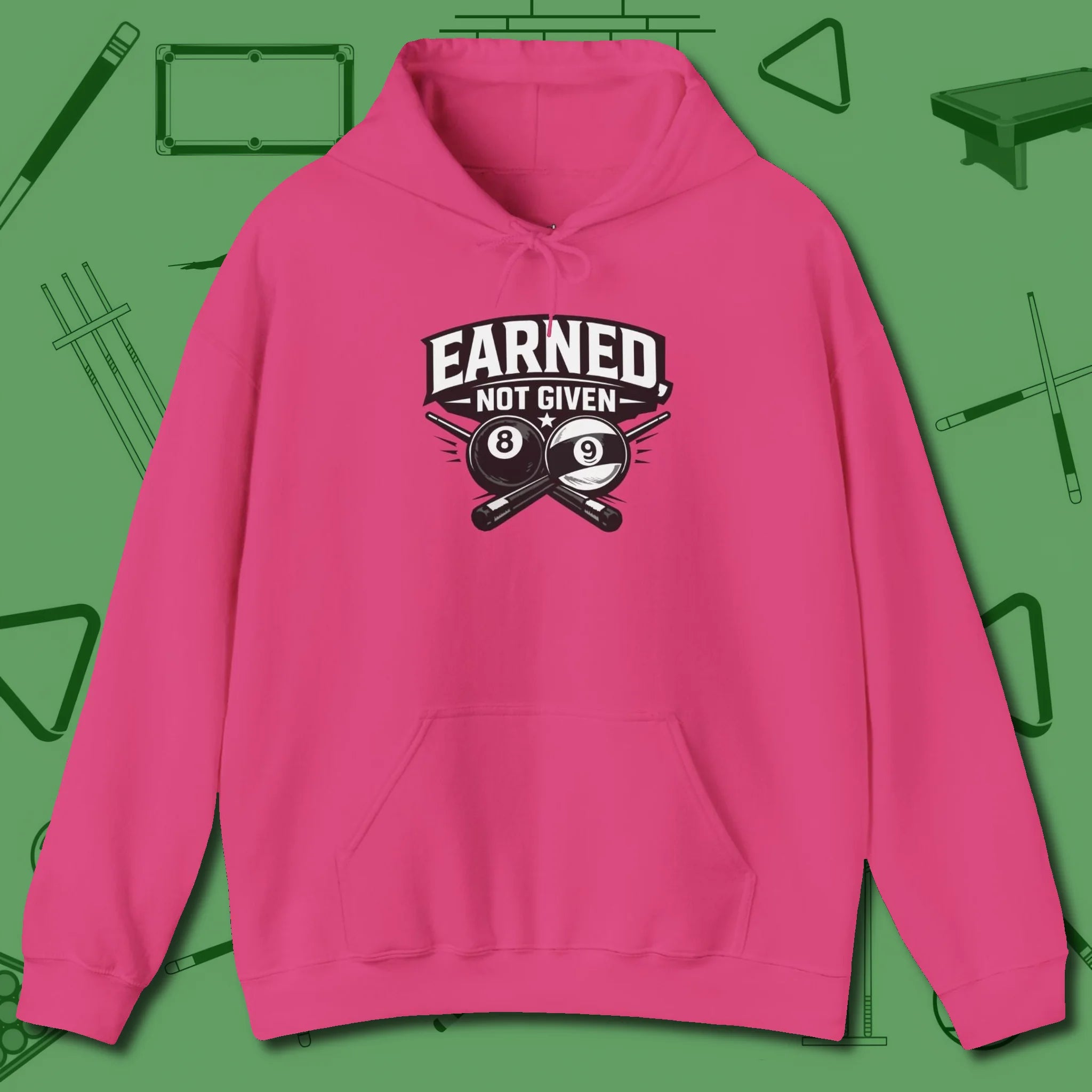 Earned Not Given Hoodie, front view, in Heliconia the shirt that plays position
