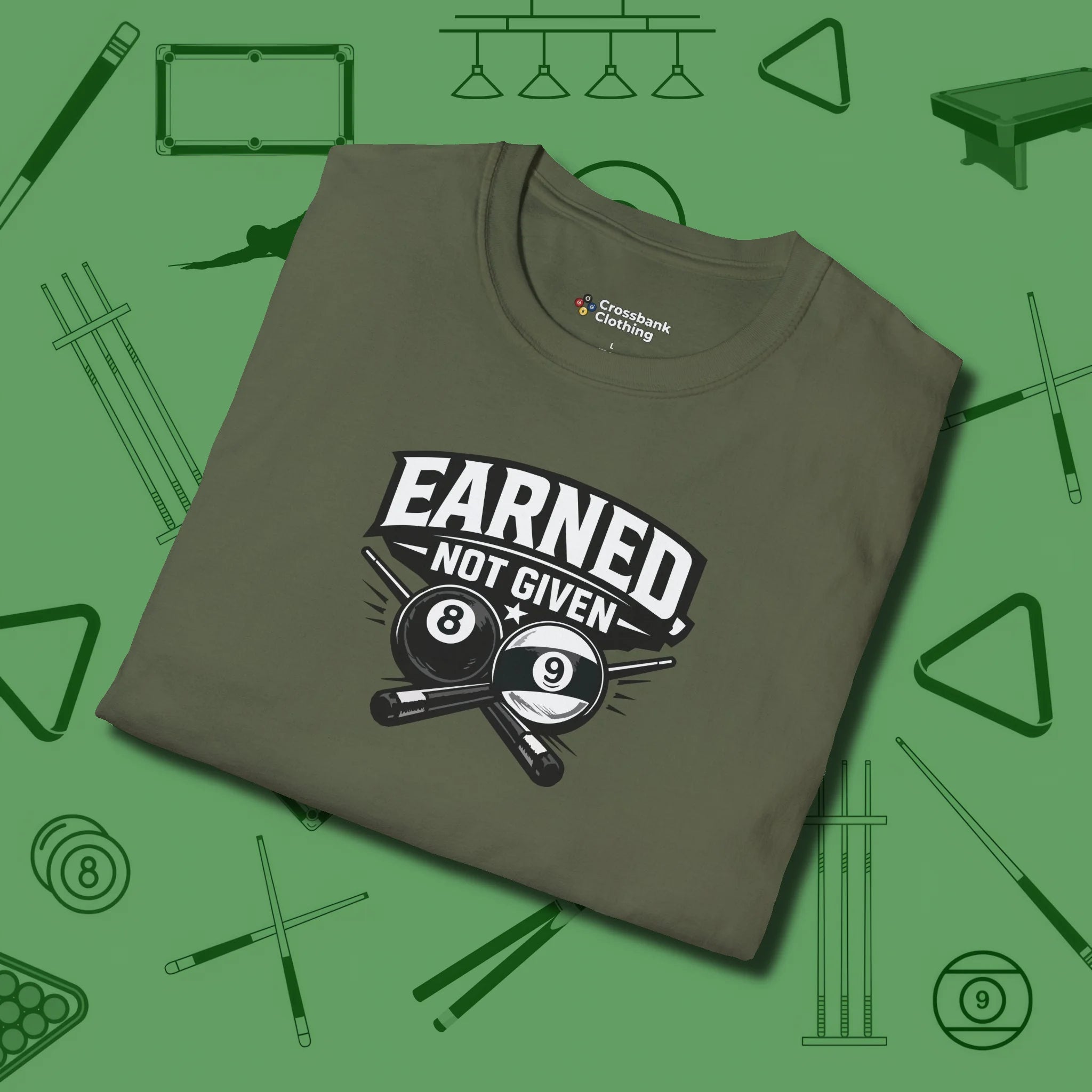 Earned Not Given T-Shirt, folded view, in Military Green make every shot — and outfit — count