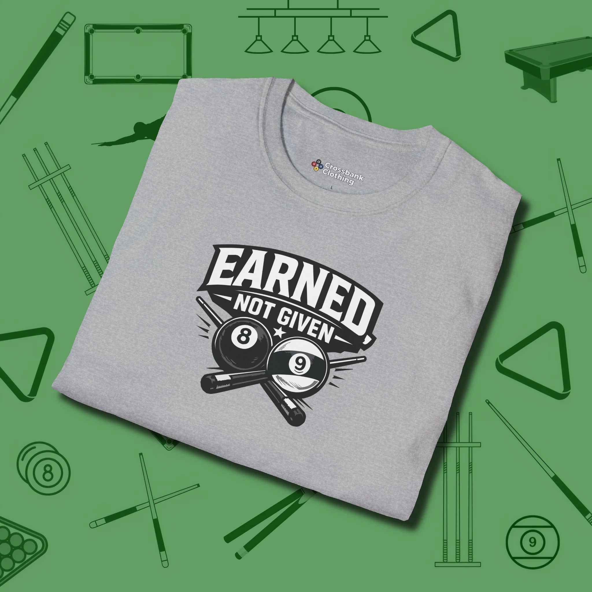 Earned Not Given T-Shirt, folded view, in Sport Grey cue up respect every time you wear it