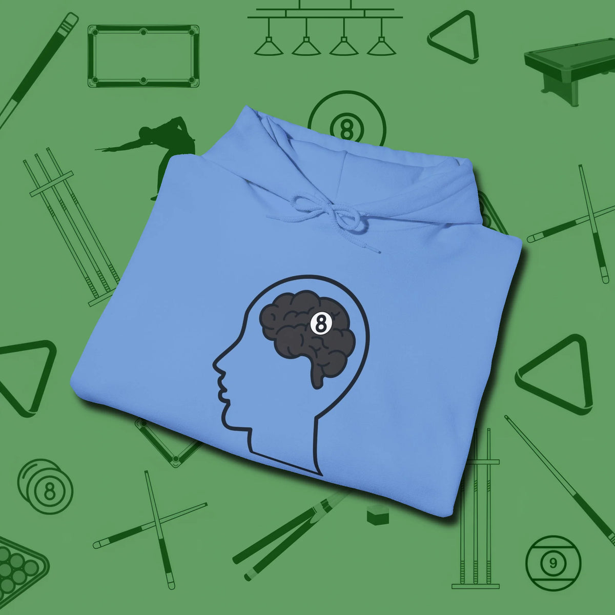 Eight Ball Brain Hoodie, folded view, in Carolina Blue as serious as your stroke