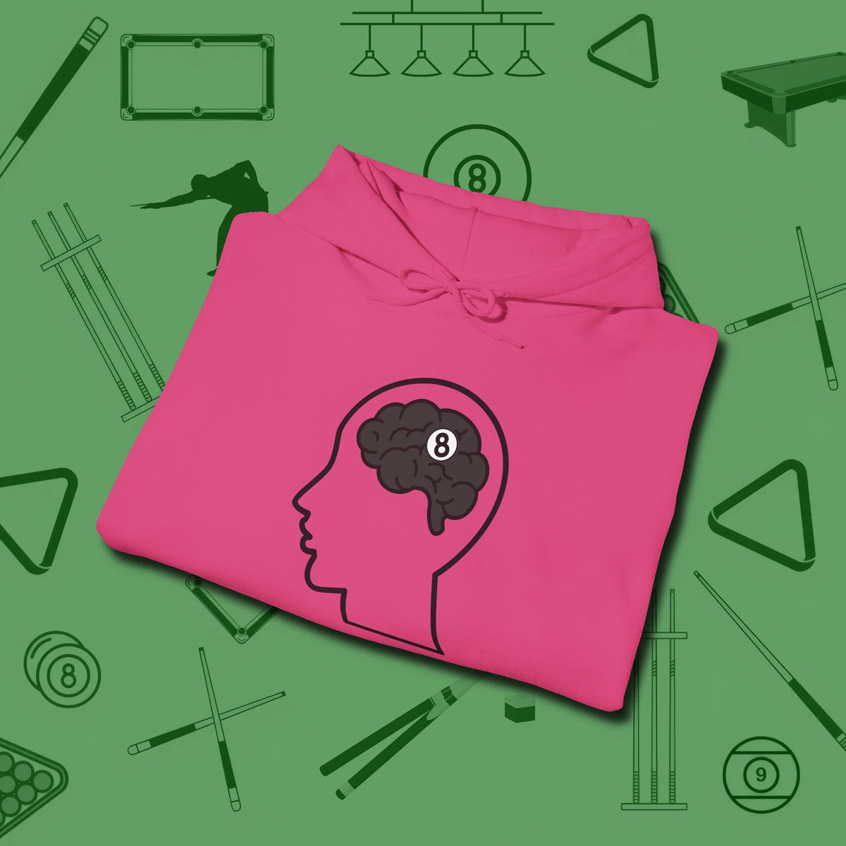 Eight Ball Brain Hoodie, folded view, in Heliconia an extension of your pool persona