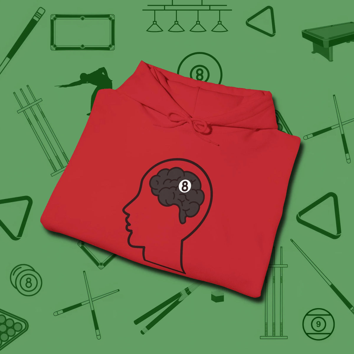 Eight Ball Brain Hoodie, folded view, in Red for hustlers who keep it honest