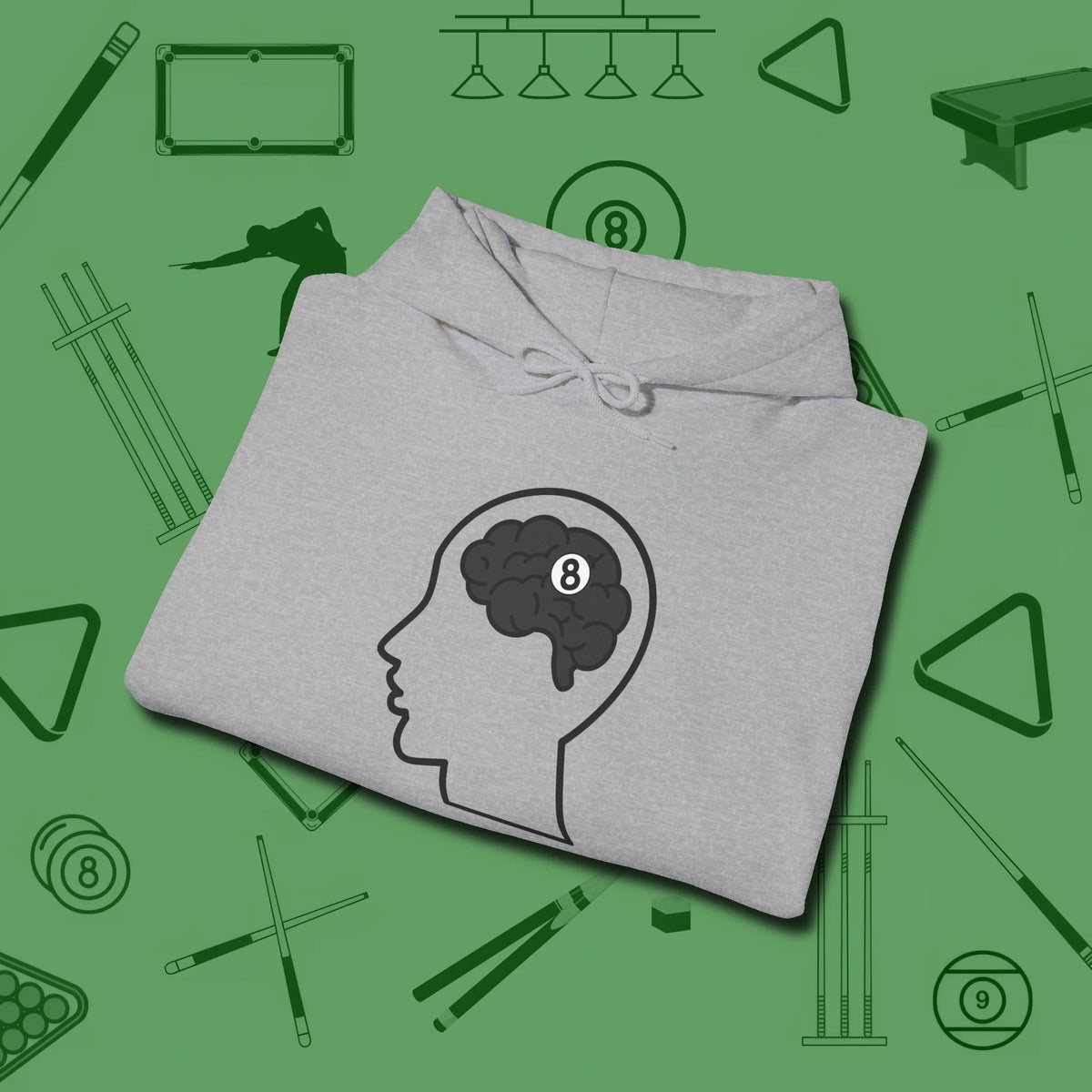 Eight Ball Brain Hoodie, folded view, in Sport Grey tough like your favorite break cue