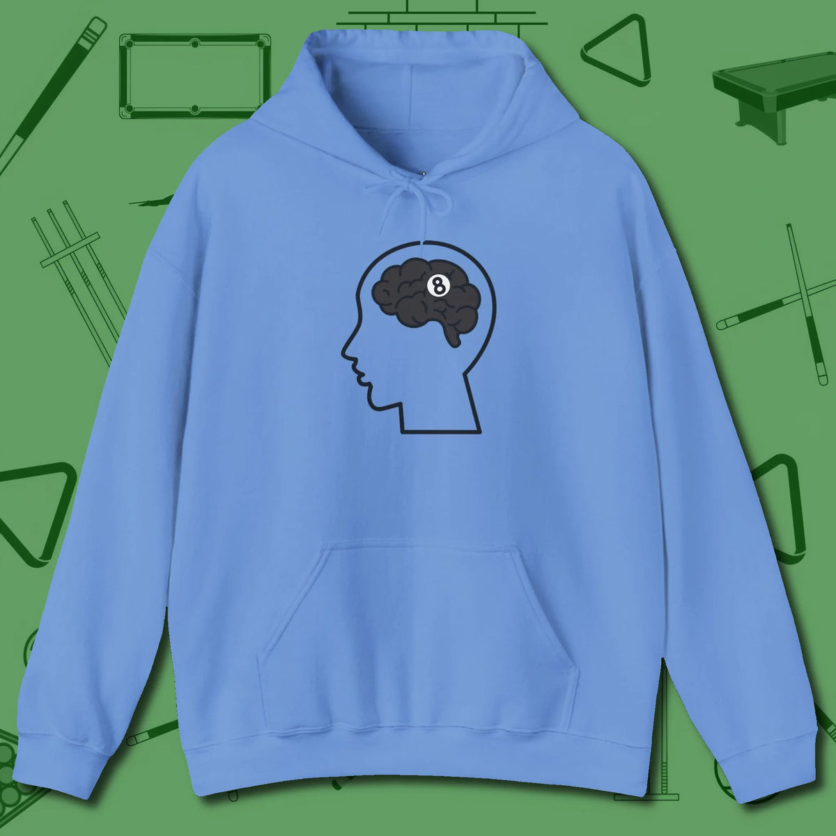 Eight Ball Brain Hoodie, front view, in Carolina Blue fashion with break-and-run energy