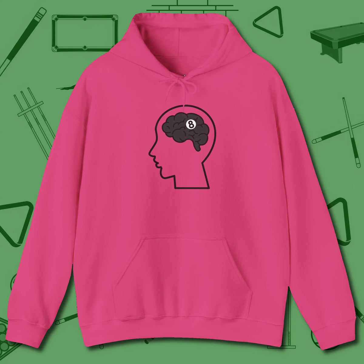 Eight Ball Brain Hoodie, front view, in Heliconia dress for the shot you want to take