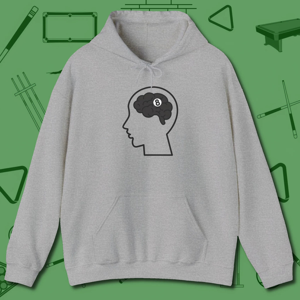 Eight Ball Brain Hoodie, front view, in Sport Grey styled to dominate from rack to run-out