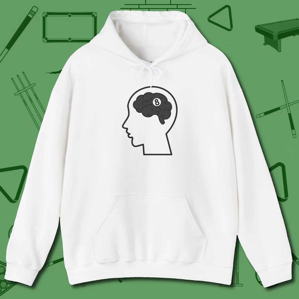 Eight Ball Brain Hoodie, front view, in White dress for the shot you want to take