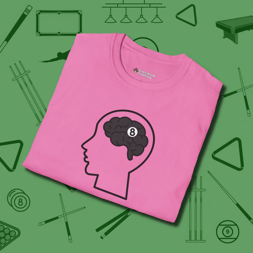 Eight Ball Brain T-Shirt, folded view, in Azalea look good while calling your pocket