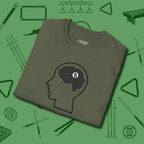 Eight Ball Brain T-Shirt, folded view, in Military Green where cue control meets personal style
