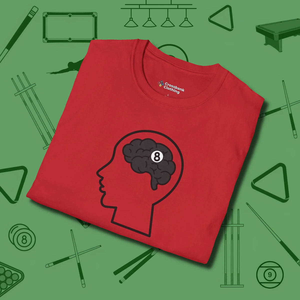 Eight Ball Brain T-Shirt, folded view, in Red for shooters who dress like they play: sharp