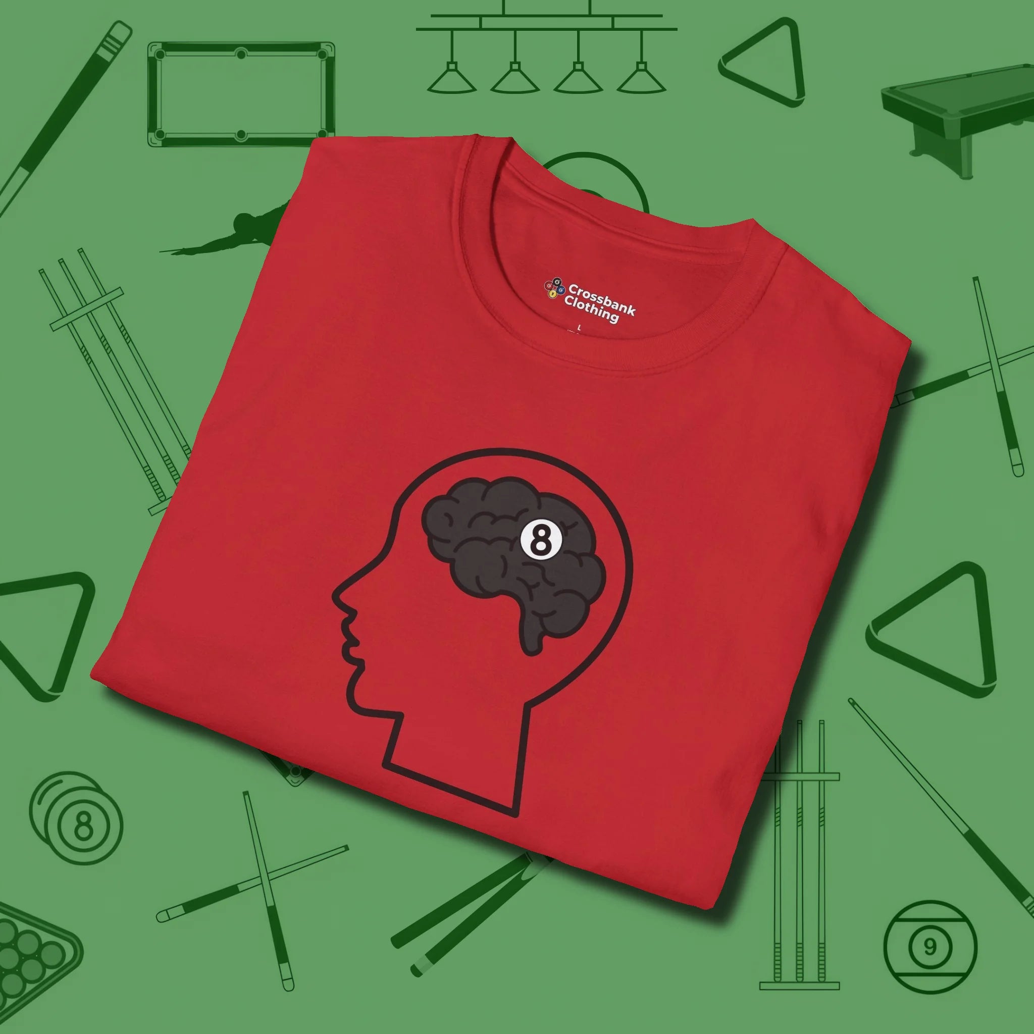 Eight Ball Brain T-Shirt, folded view, in Red for shooters who dress like they play: sharp
