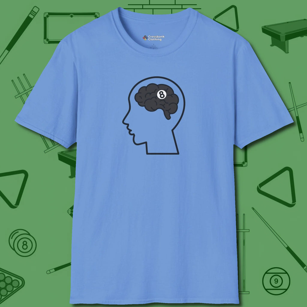Eight Ball Brain T-Shirt, front view, in Carolina Blue look good while calling your pocket