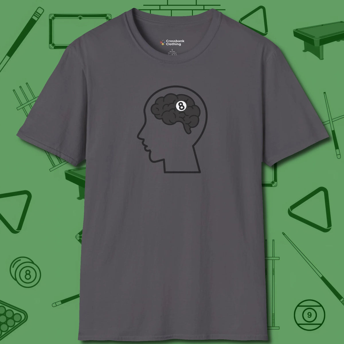 Eight Ball Brain T-Shirt, front view, in Charcoal tough like your favorite break cue