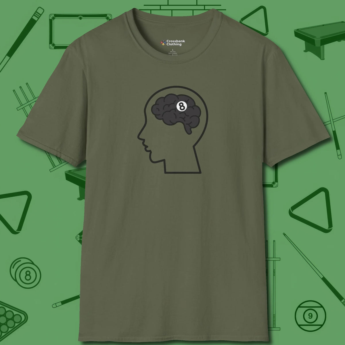 Eight Ball Brain T-Shirt, front view, in Military Green cool under pressure, hot on the eyes