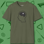 Eight Ball Brain T-Shirt, front view, in Military Green cool under pressure, hot on the eyes