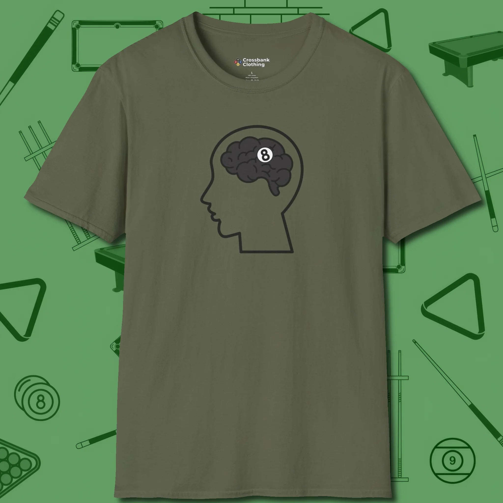 Eight Ball Brain T-Shirt, front view, in Military Green cool under pressure, hot on the eyes