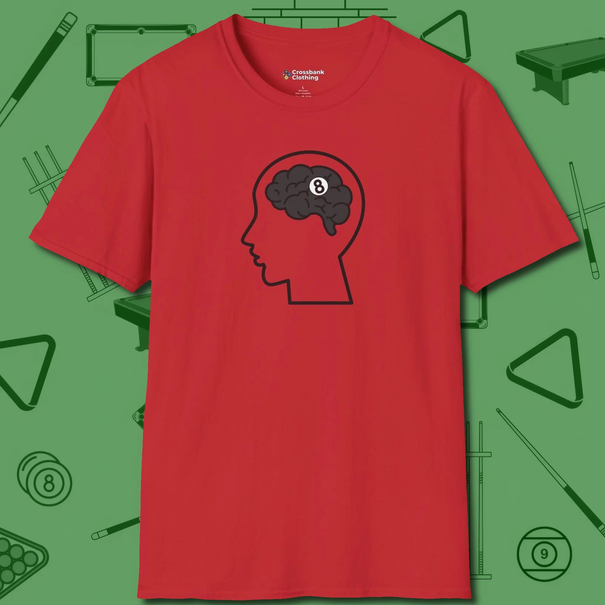 Eight Ball Brain T-Shirt, front view, in Red where cue control meets personal style