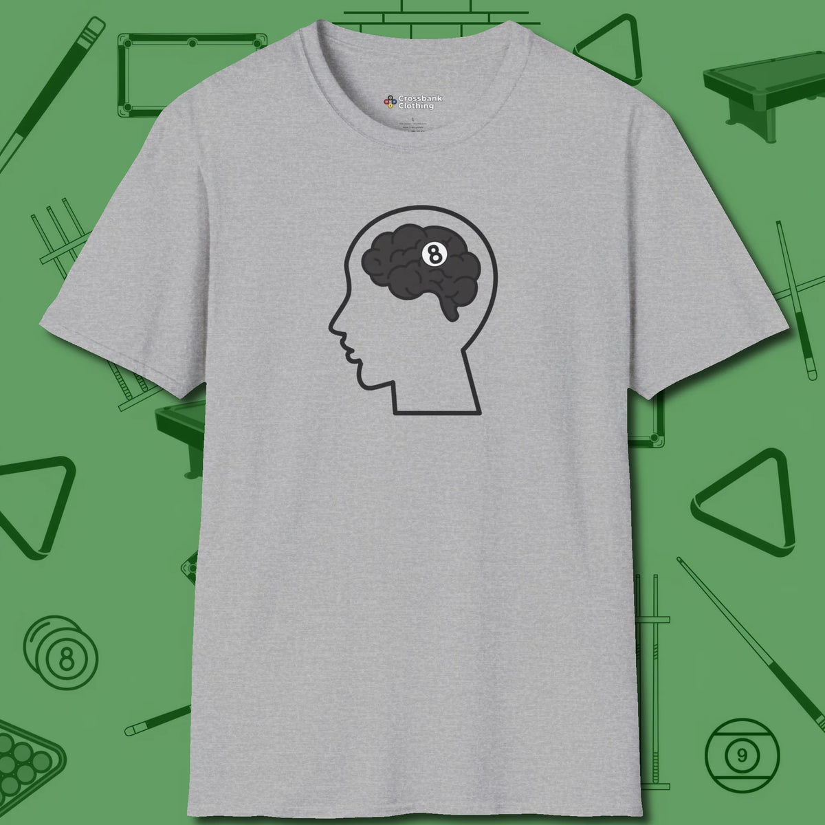 Eight Ball Brain T-Shirt, front view, in Sport Grey a clean fit for the dirtiest safeties