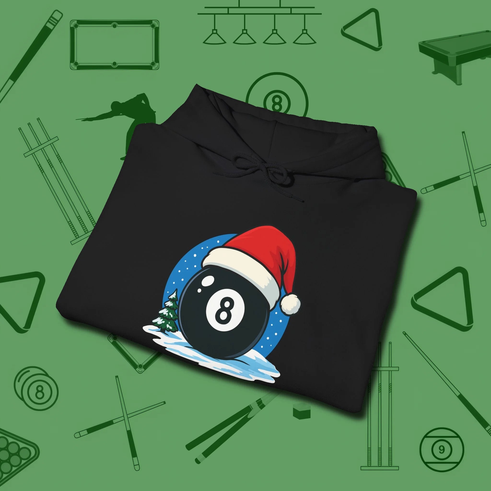 Eight Ball Christmas Hoodie, folded view, in Black earns respect before the first shot
