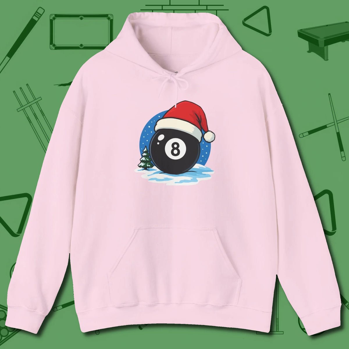 Eight Ball Christmas Hoodie, front view, in Light Pink your secret weapon off the table